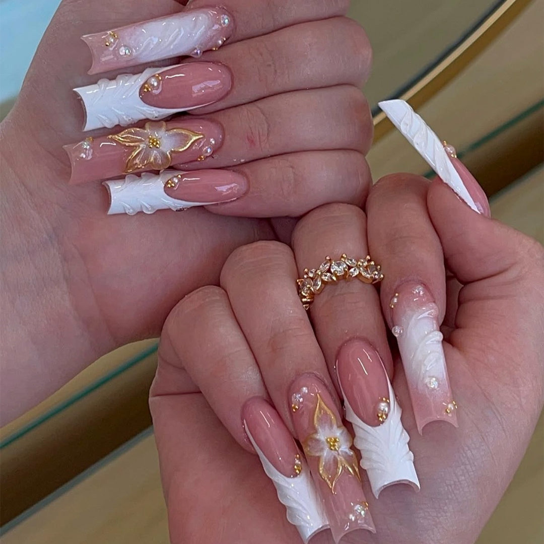 Acrylic nails with luxurious flower design and elegant accents Kalsten
