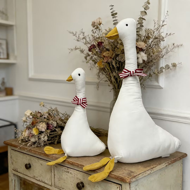 Oversized Goose-Shaped Decorative Throw Pillow Pair with Striped Ribbon