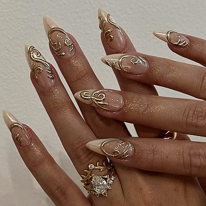 Elegant Press-On Nail Art Set with Decorative Gold Accents Kalsten