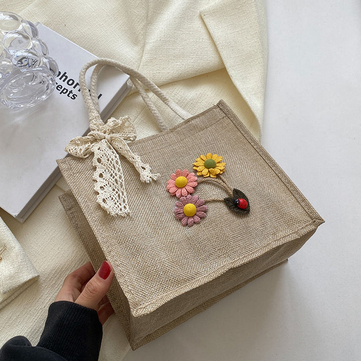 Floral Embellished Jute Handbag
