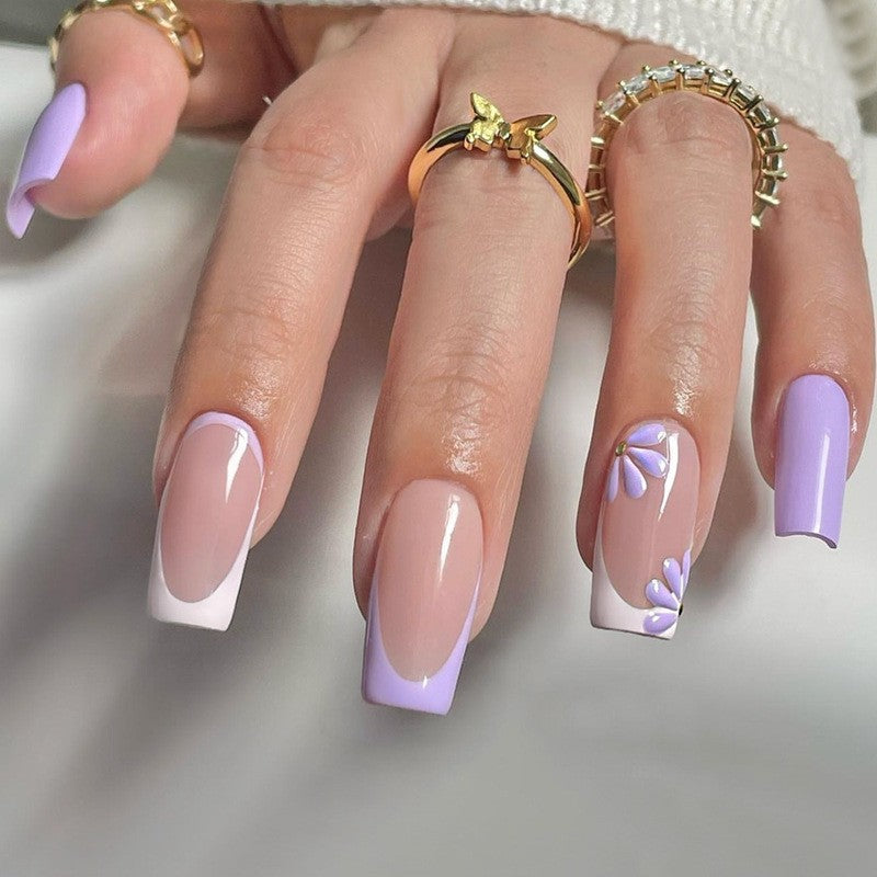Artificial nail set with colorful flowers and creative French design Kalsten