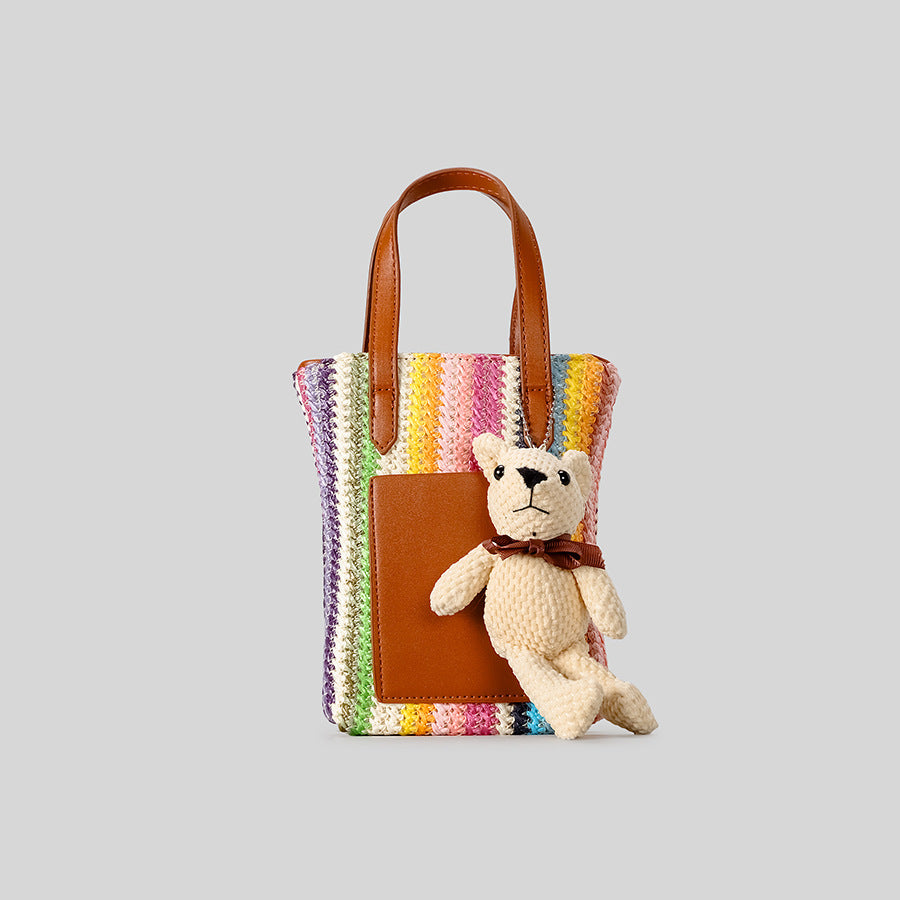 Playful Woven Tote Bag with Teddy Bear Detail