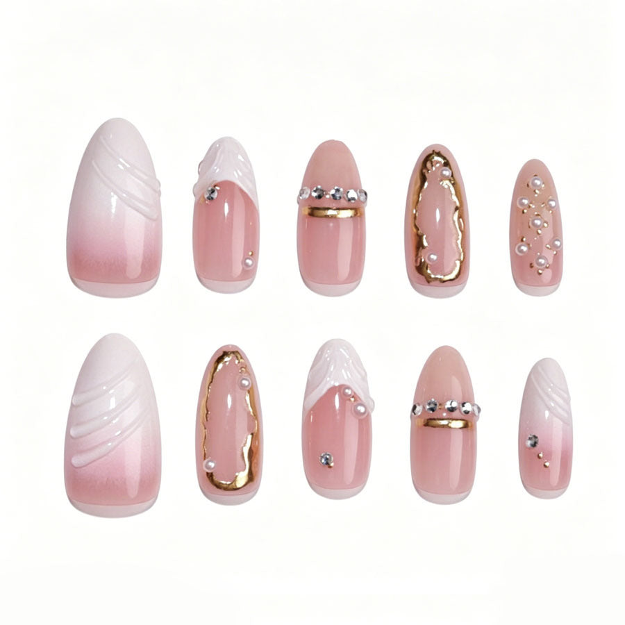 Elegant Pointed Press-On Nail Art Set with Gold Accents Kalsten
