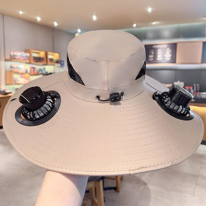 Ventilated sun hat with integrated battery fans, breathable mesh inserts, and adjustable chin strap Kalsten