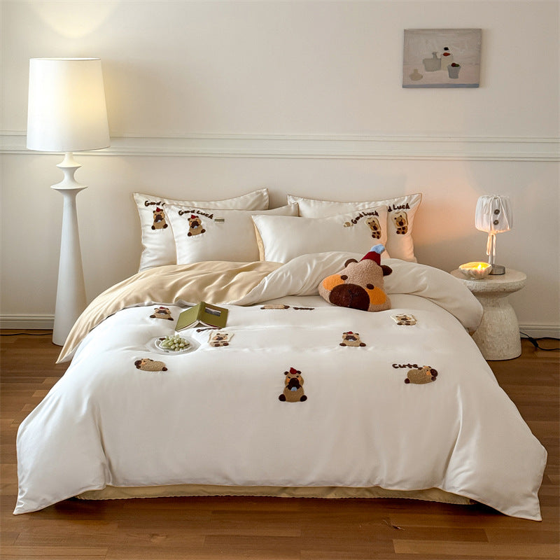 luxurious cotton satin bedding set with embroidered teddy bear appliqués