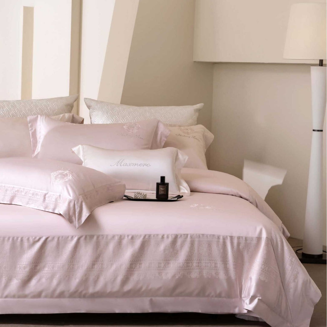 Premium bedding set made of cotton satin with jacquard border and quilted bedspread