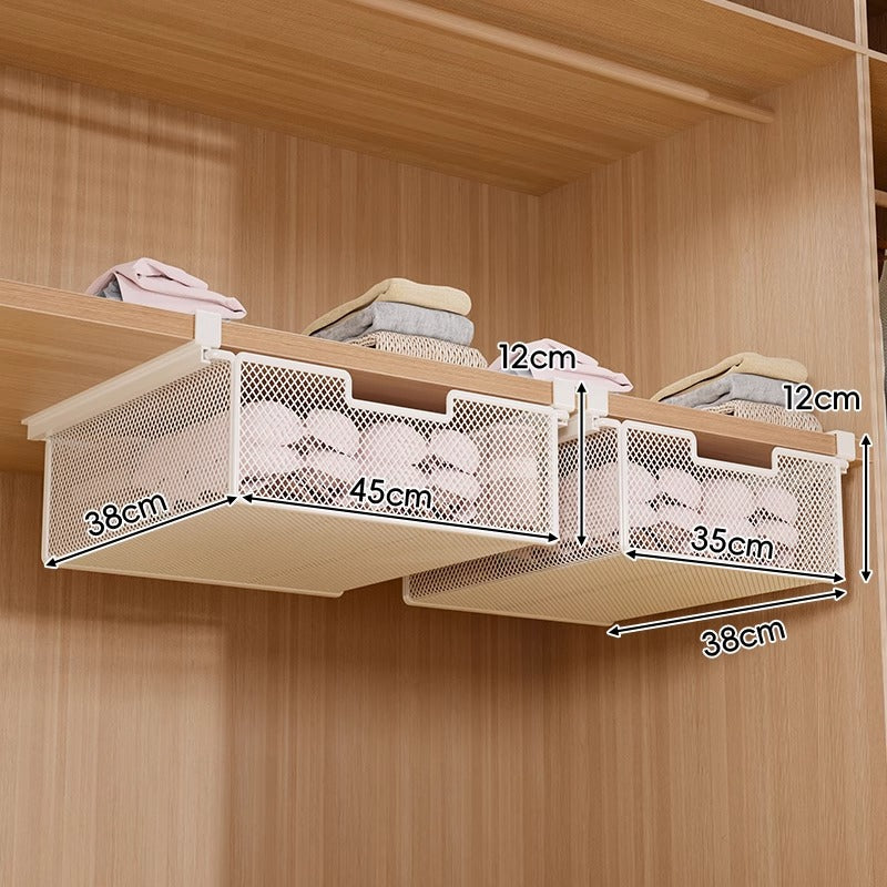 Under-Shelf Pull-Out Metal Mesh Closet Basket Organizer with Clamp Rail