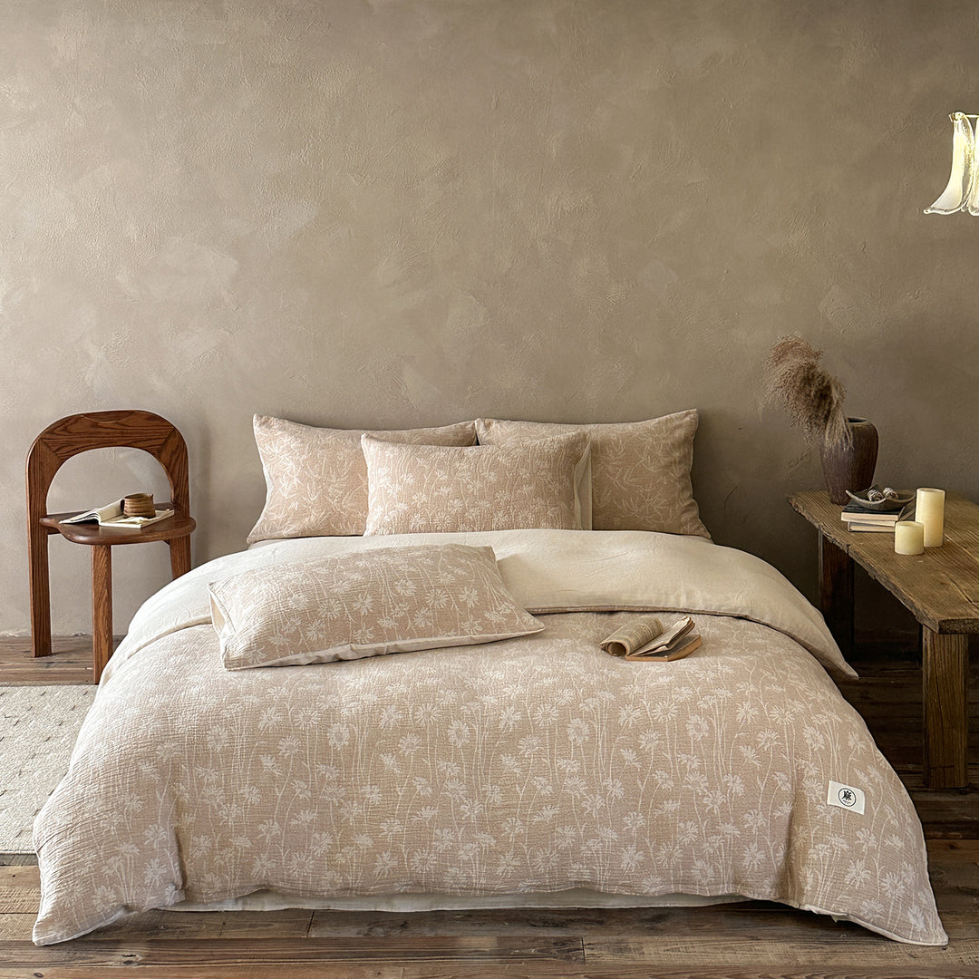 Luxurious cotton-linen bedding set with a lightweight quilted texture and floral jacquard