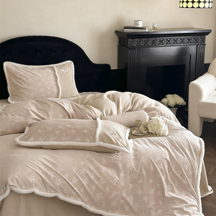 Premium cotton satin duvet cover with floral minimal embroidery and cozy sherpa edge