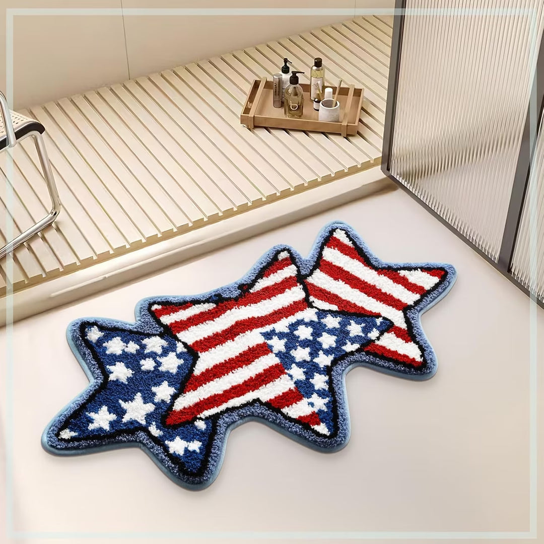 Semi-Circular Tufted Chenille Non-Slip Bathroom Mat With Star Stripe Pattern
