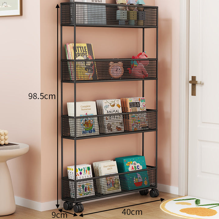 Industrial Metal Mesh Four-Tier Narrow Bookshelf Organizer