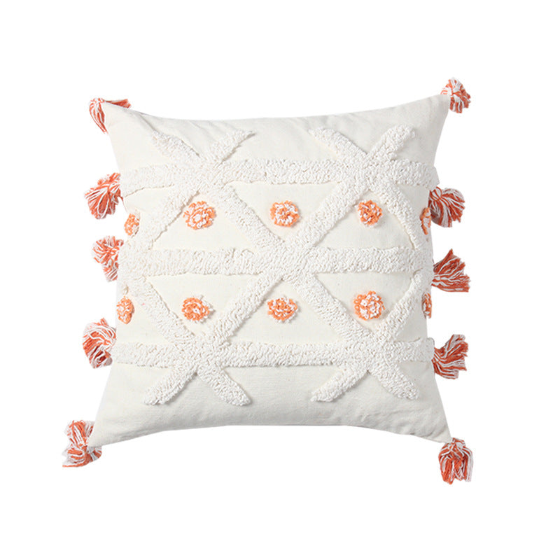 Decorative Textured Cotton Throw Pillow with Tassels and Tufted Geometric Pattern