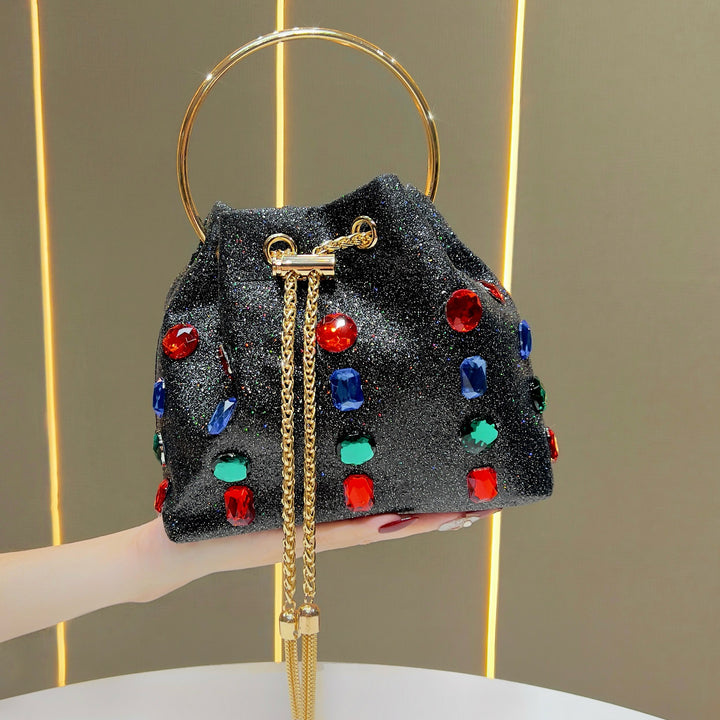 Sparkling Rhinestone-Embellished Drawstring Handbag
