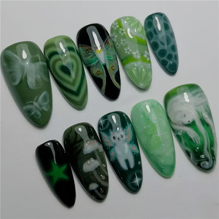 Artistic Green-Themed Acrylic Nail Enhancements Kalsten