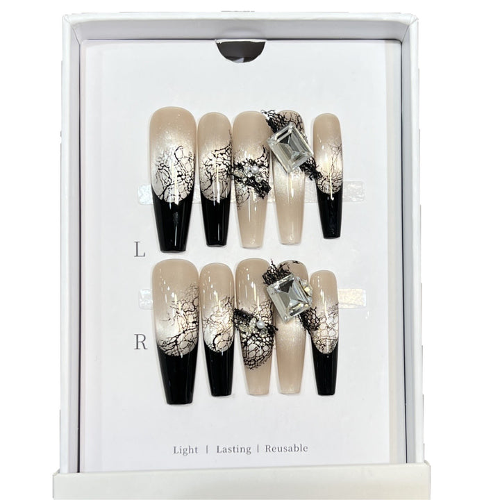 Artistic Press-On Nail Set with Unique Lace and Gemstone Accents Kalsten