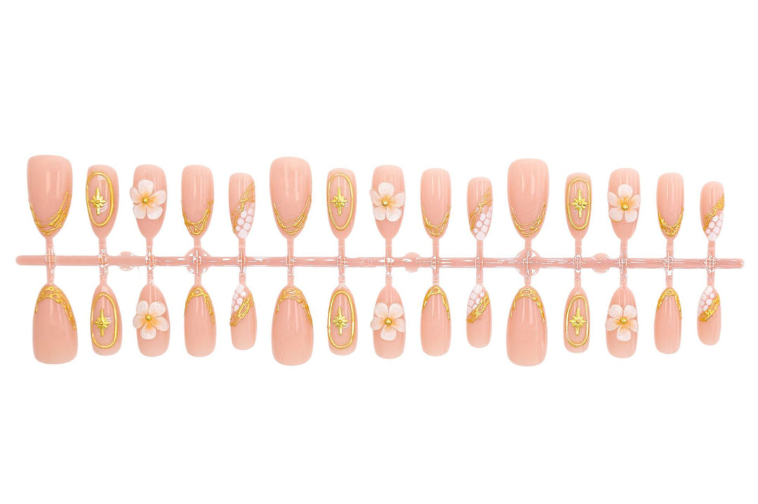 Artificial nail set with elegant flower and gold decorations Kalsten