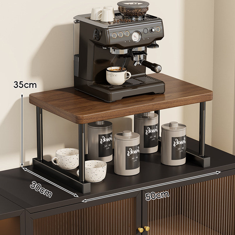 Two-Tier Countertop Coffee Station Shelf Riser with Walnut Top and Metal Frame