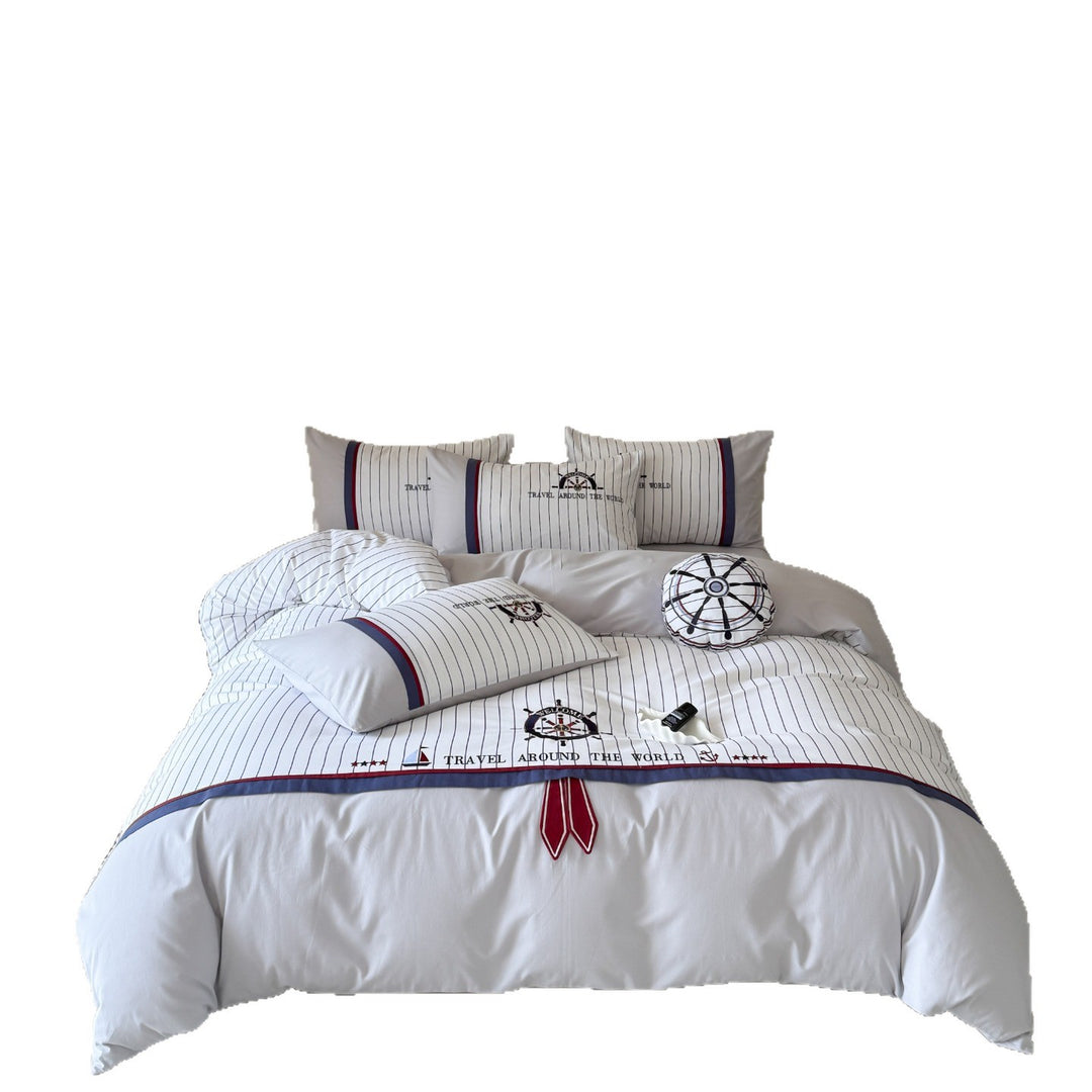 Maritime bedding set made of cotton satin with embroidered steering wheel and fine pinstripes
