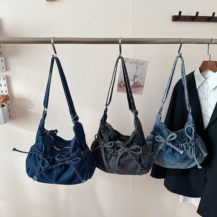 Denim Drawstring Hobo Bag