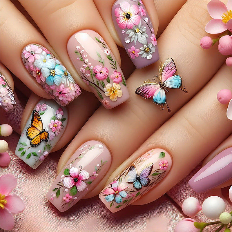Artificial nail set with floral motifs and butterfly design Kalsten