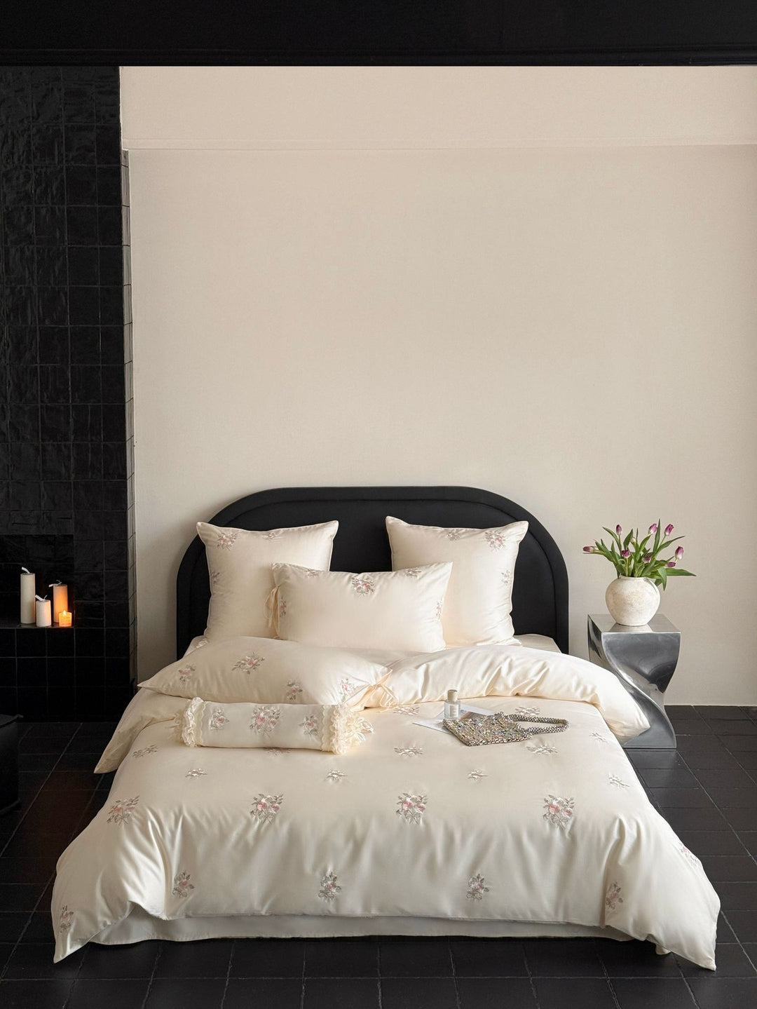 Satin bed linen set with floral hand embroidery and silky shiny finish Kalsten