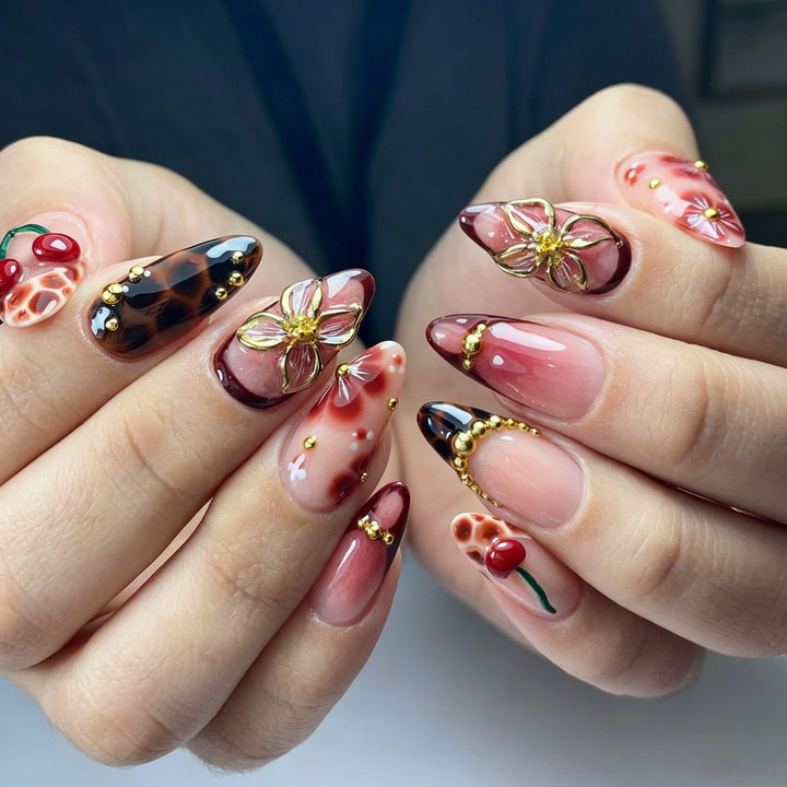 Artificial nail set with elegant floral designs and glitter effect Kalsten