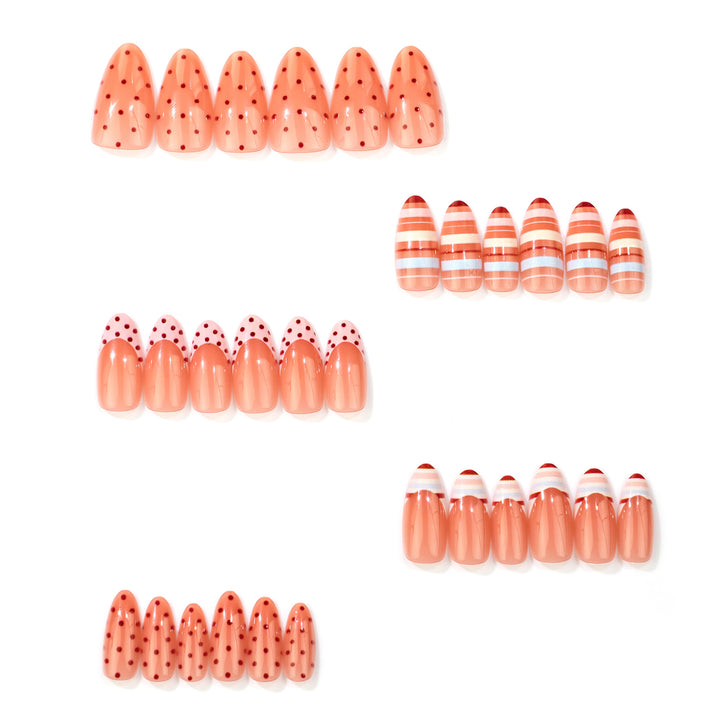 Decorative Press-On Nail Set with Polka Dot and Striped Designs
