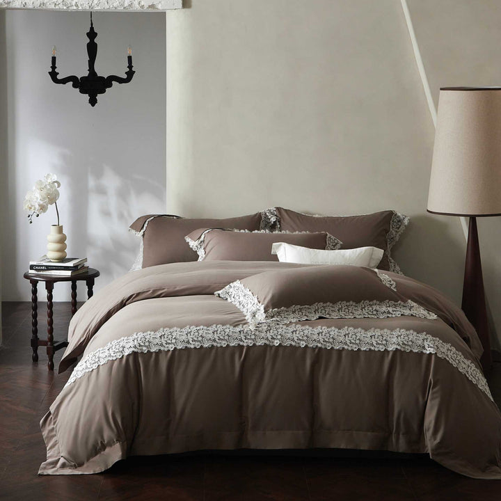 Luxurious cotton satin bedding set with decorative lace
