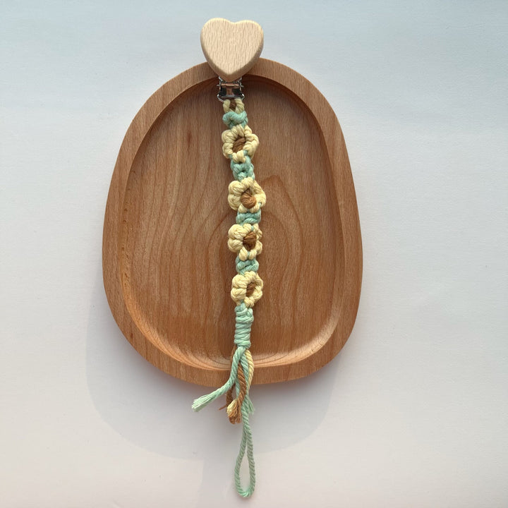 Cotton Crochet Floral Pacifier and Teether Clip with Wooden Heart Safety Clip