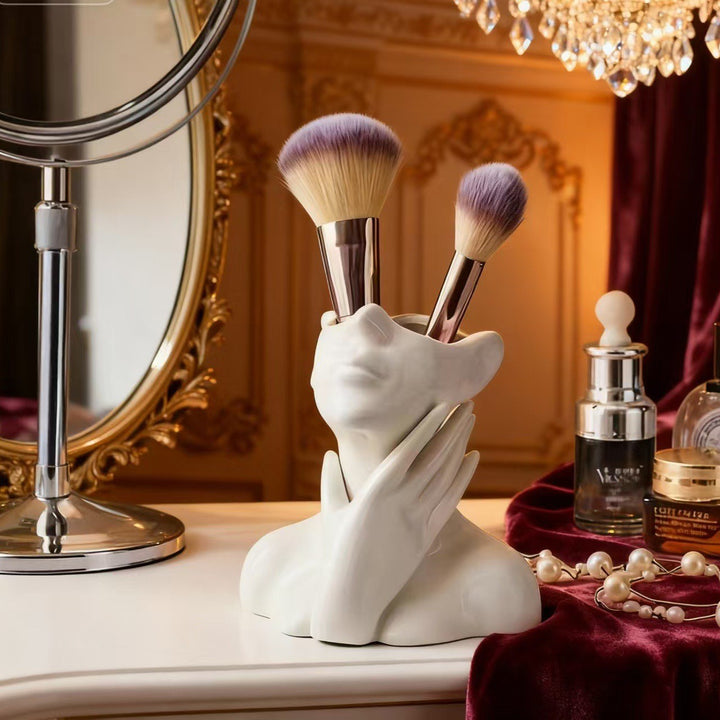 Sculptural Ceramic Face Vase And Makeup Brush Holder Set