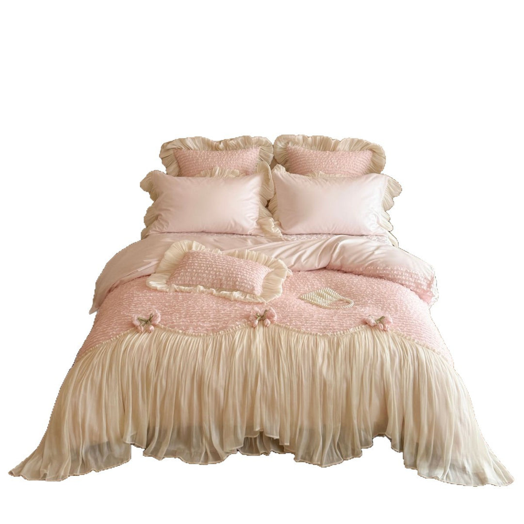 Luxurious duvet cover set with pleated bed skirt, ruffles and delicate frill decoration