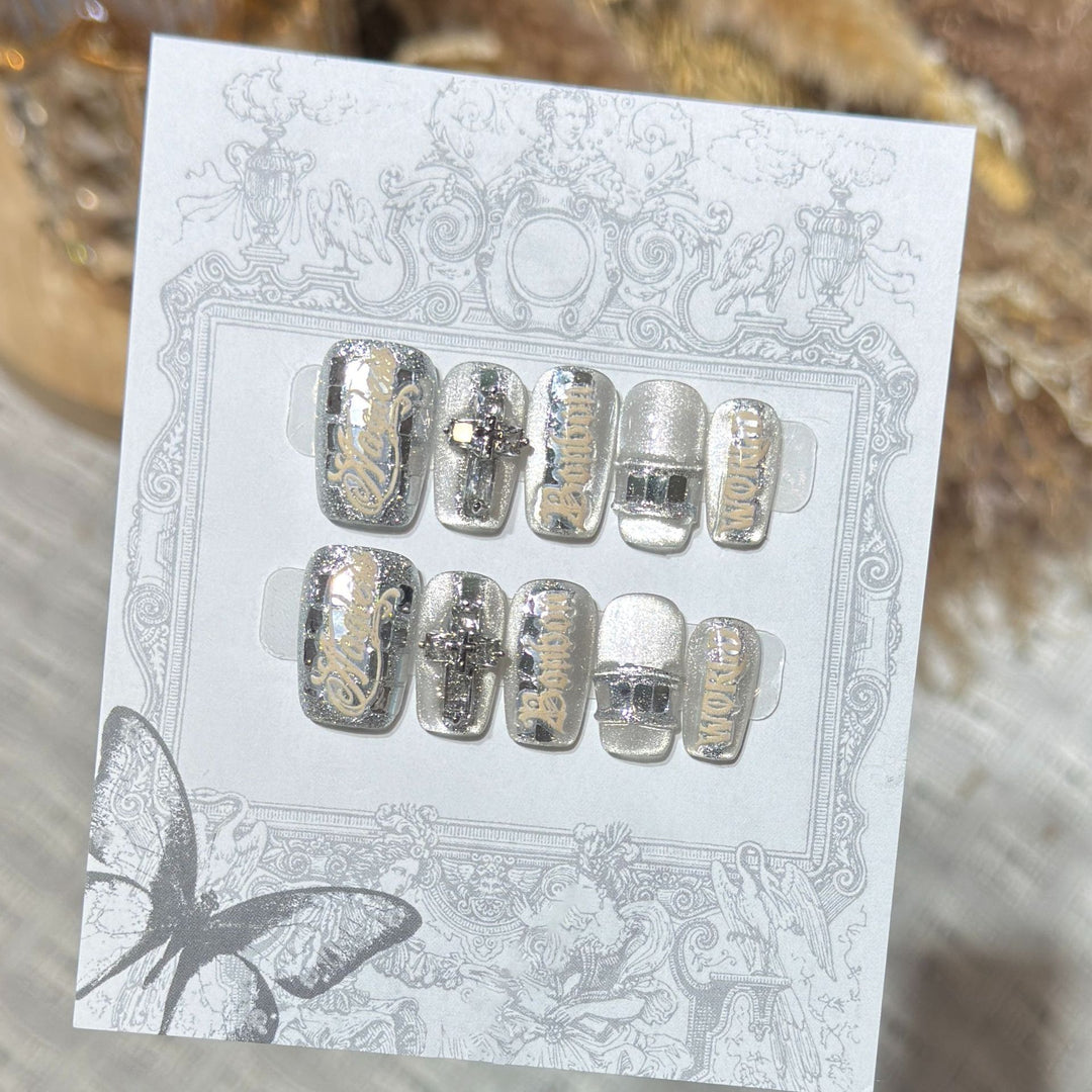 Metallic Press-On Nail Set with Decorative Silver Accents Kalsten