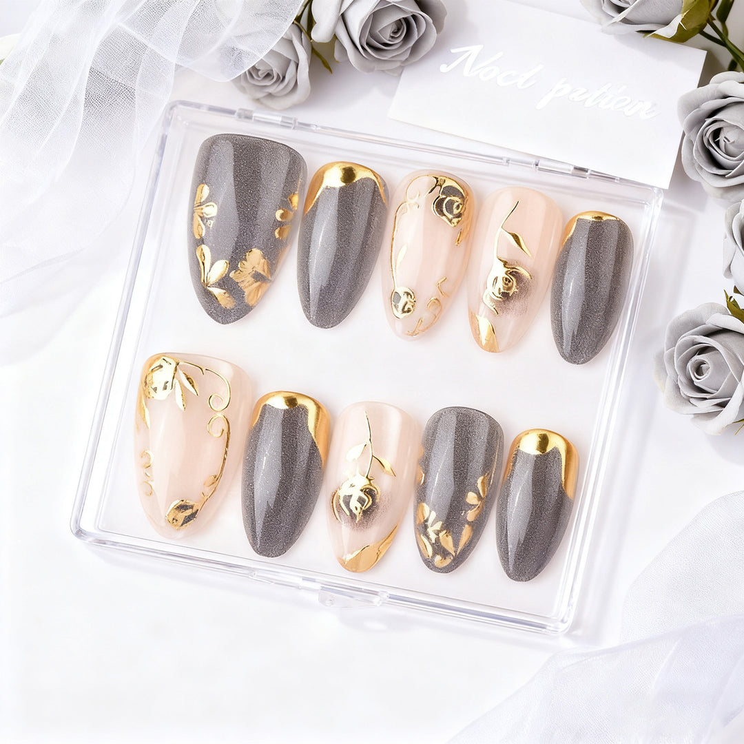 Ornate Press-On Nail Art Set with Gold Floral Accents