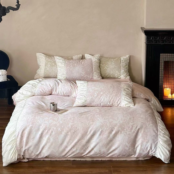 Luxurious jacquard bedding set with ruffled frill, satin trim, and decorative pillows