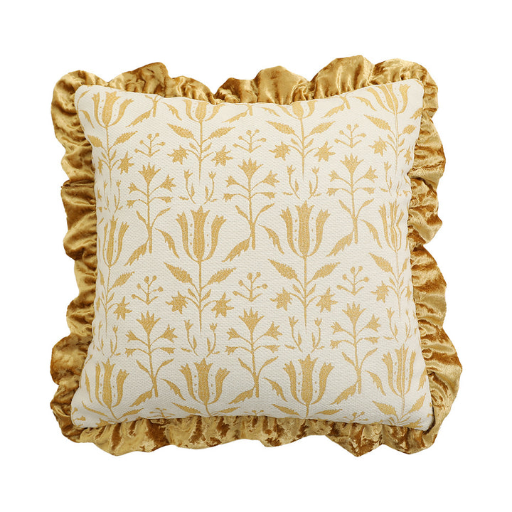 Square decorative pillow in Baroque style with velvet ruffle and putto jacquard