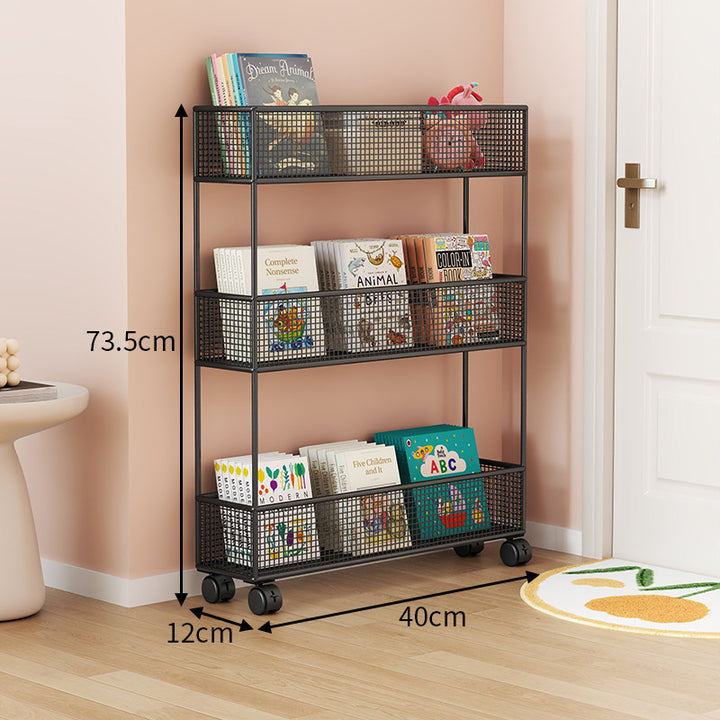 Industrial Metal Mesh Four-Tier Narrow Bookshelf Organizer