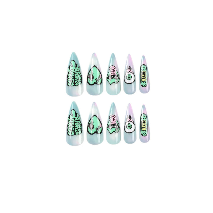 Artistic stiletto nails with creative designs and intricate detailing Kalsten