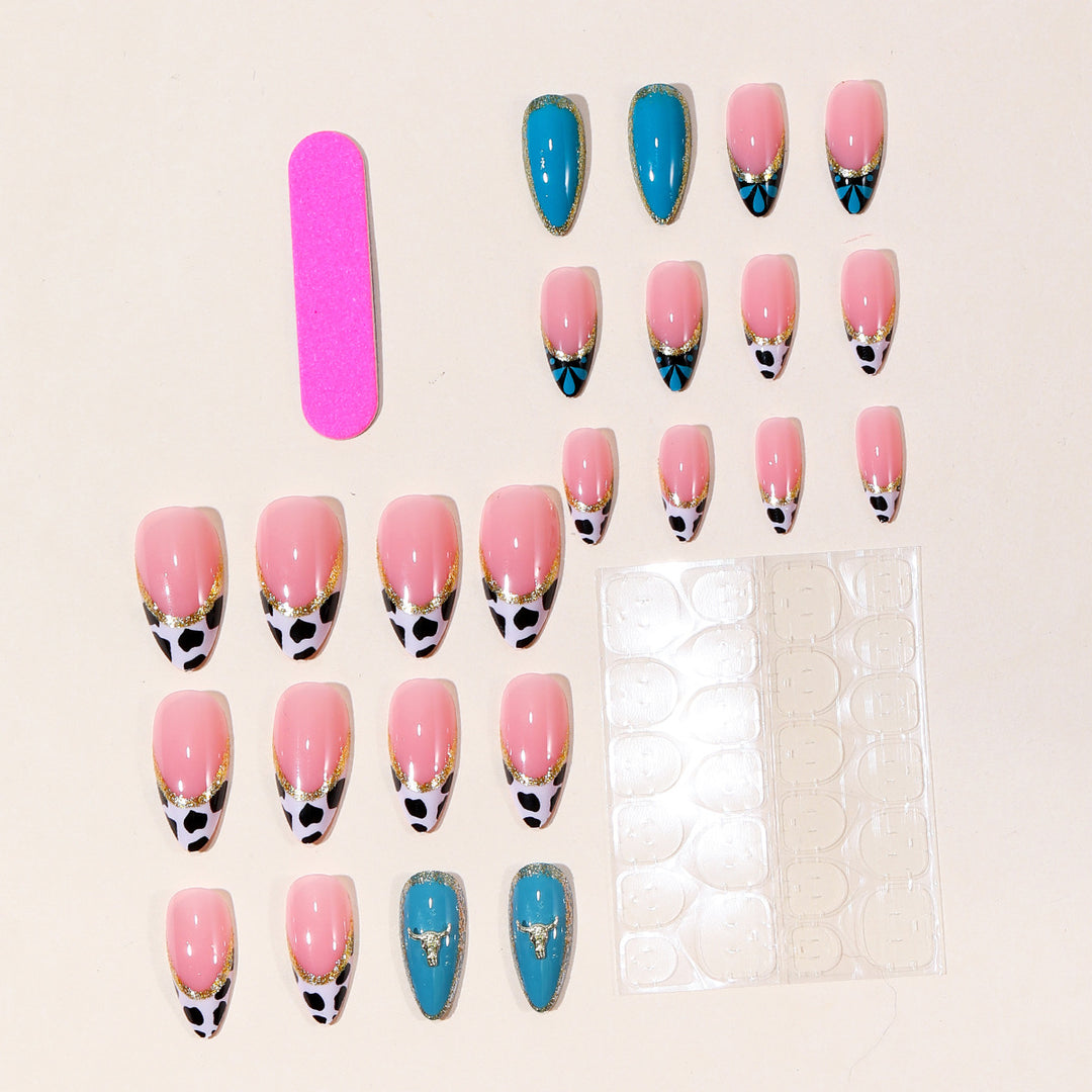 Artistic Stiletto Nail Art Extensions with Cow Print and Gold Accents Kalsten