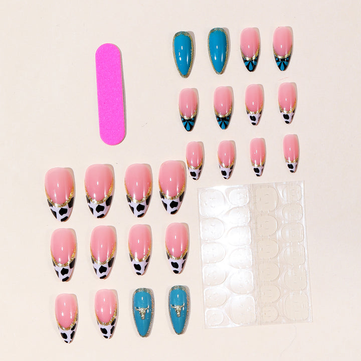 Artistic Stiletto Nail Art Extensions with Cow Print and Gold Accents Kalsten