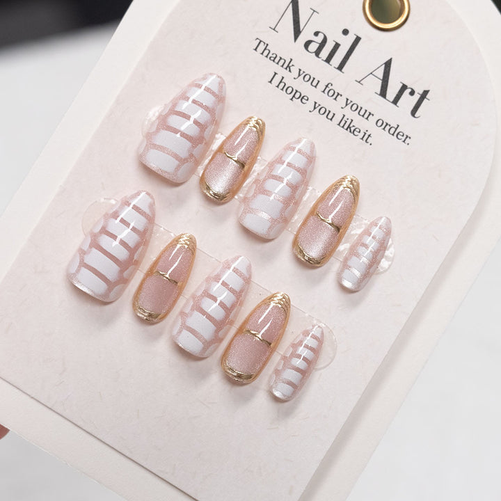 Elegant Press-On Nail Art Set with Gold Accents
