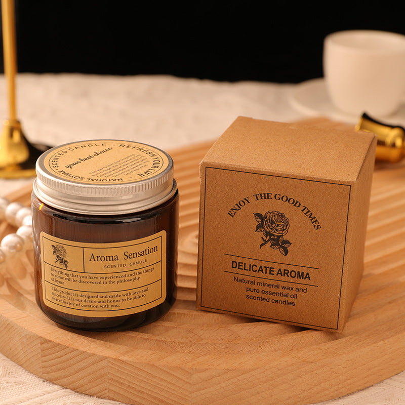 Aromatherapy Scented Soy Glass Jar Candle with Cotton Wick and Vintage Label