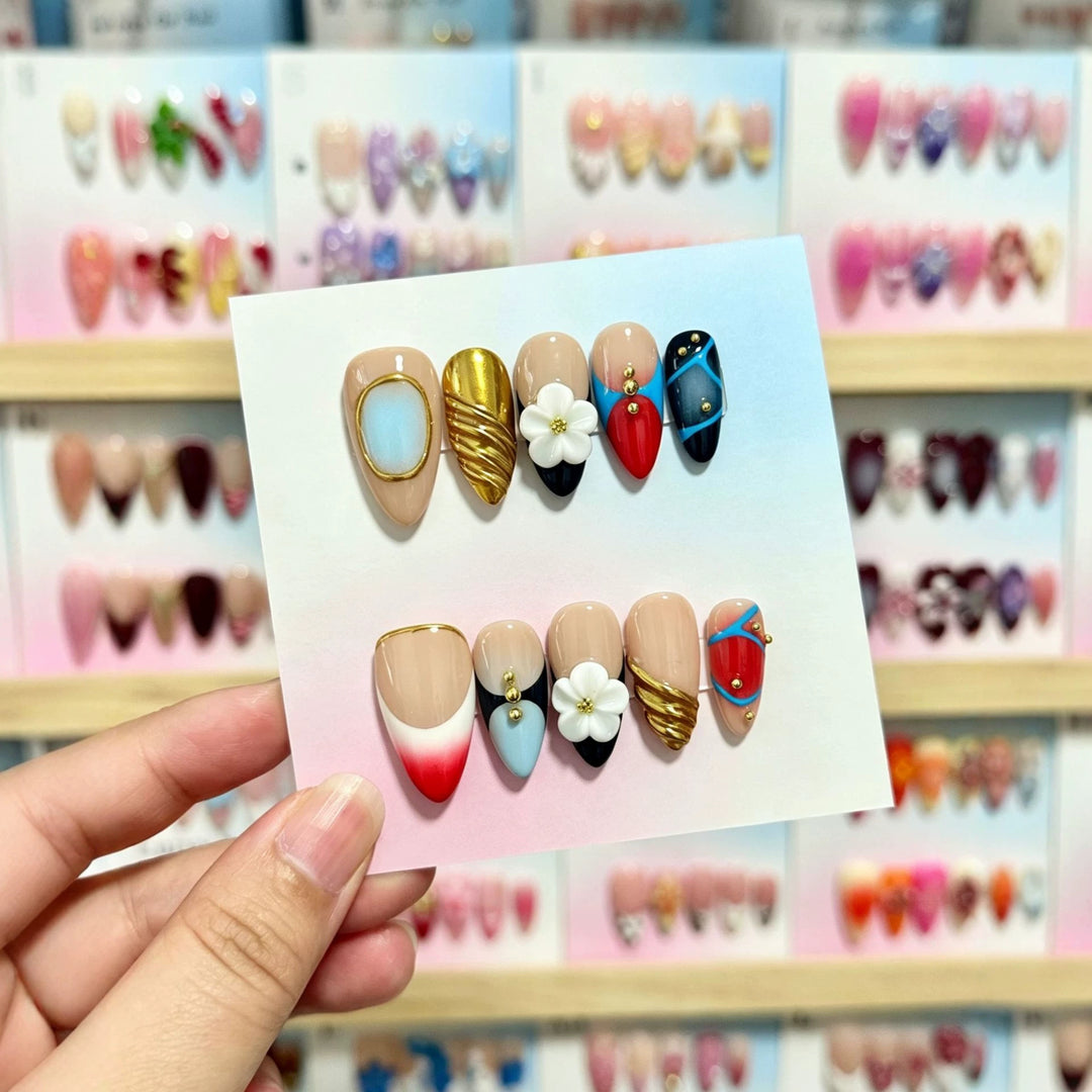 3D Floral Decorative Press-On Nails with Gem Accents