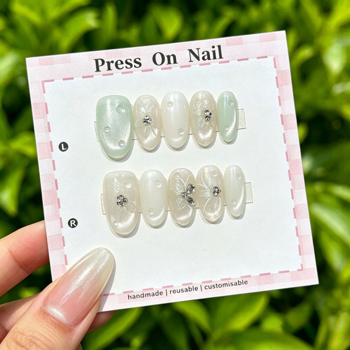 Artistic Press-On Nails Set with Gem Accents