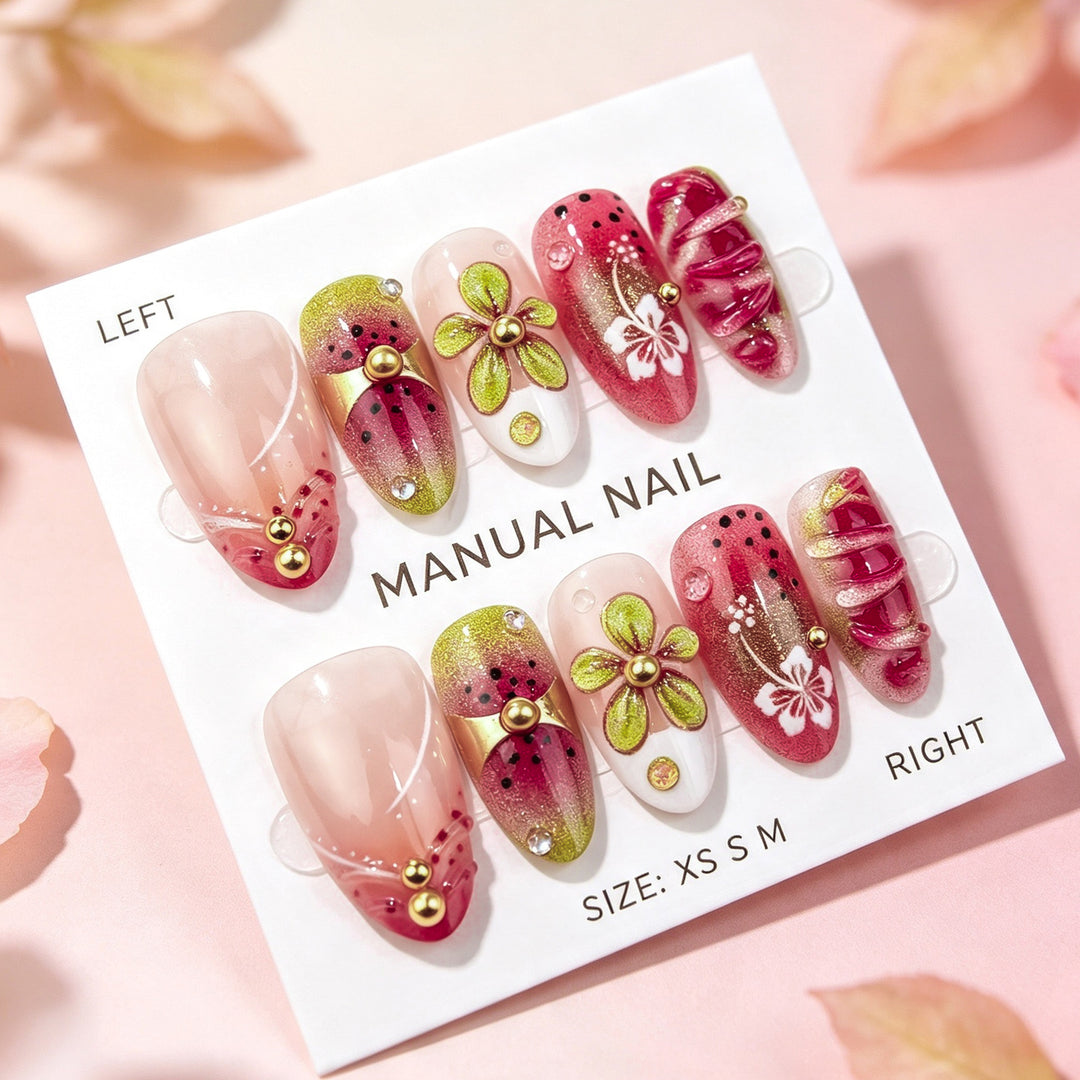 Floral Watermelon-Themed Press-On Nail Art Set
