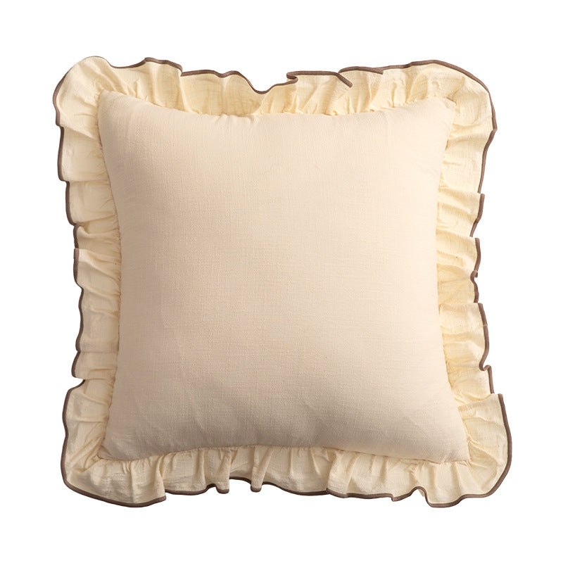 Square decorative pillow with ruffle and linen look