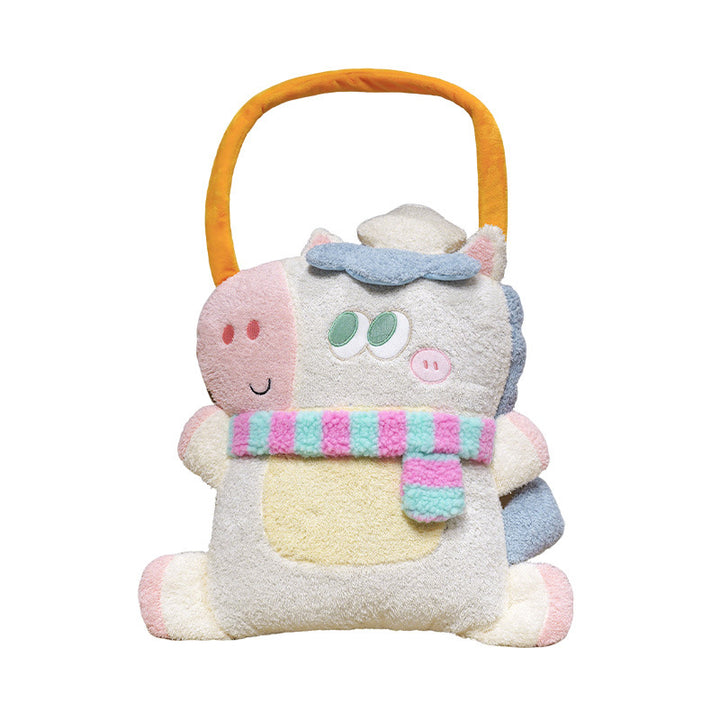 Cozy plush shoulder bag with animal motif and padded carrying handle