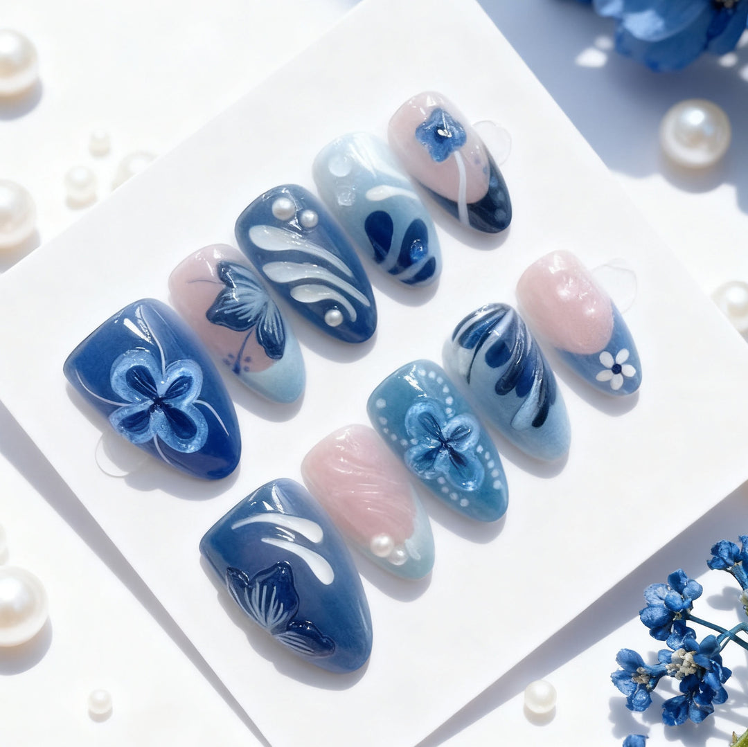 Artistic Floral Press-On Nail Art Set with Pearl Accents Kalsten