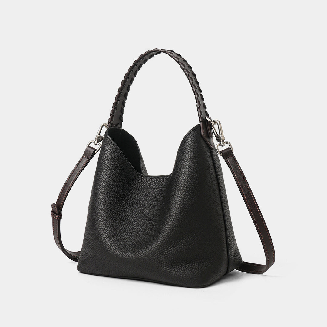 Pebbled Leather Bucket Hobo Bag with Braided Top Handle & Detachable Shoulder Strap