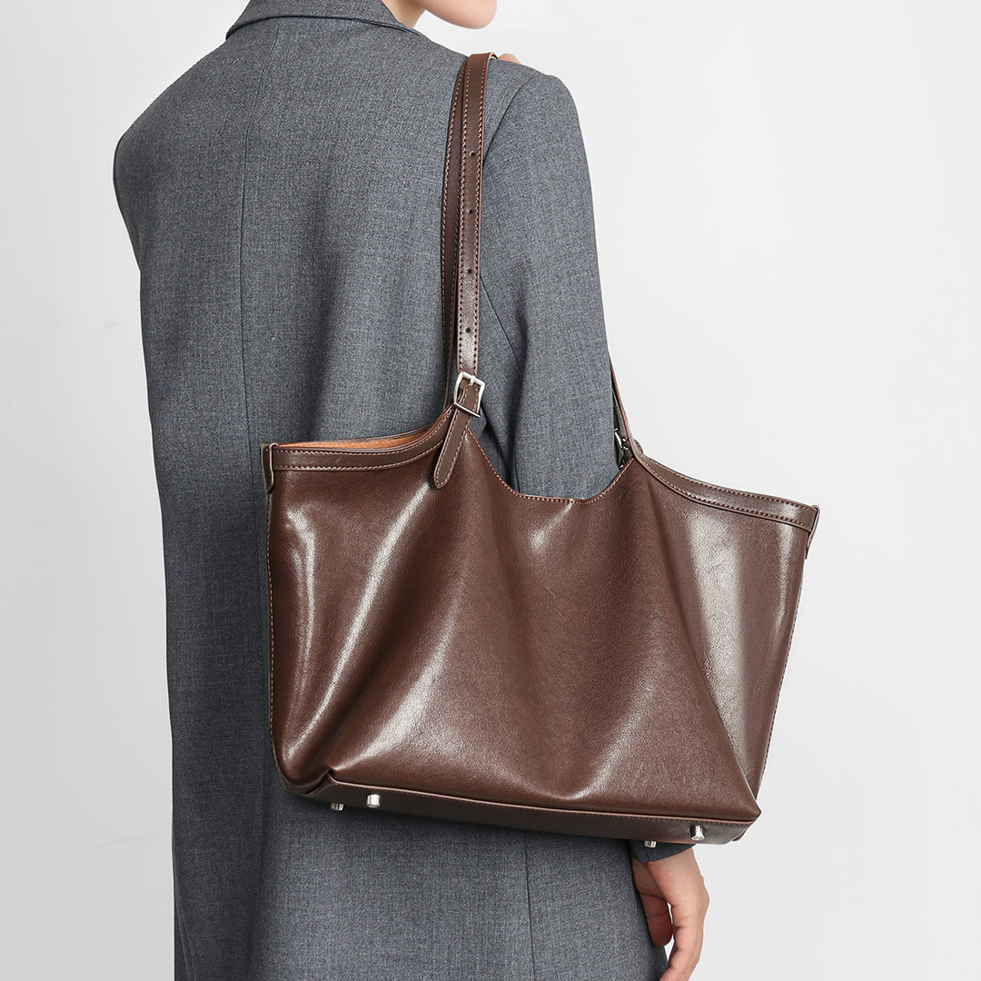 Glossy Smooth Leather-Look Shoulder Tote with Adjustable Buckle Straps & Metal Feet
