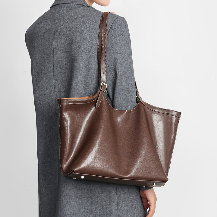 Glossy Smooth Leather-Look Shoulder Tote with Adjustable Buckle Straps & Metal Feet